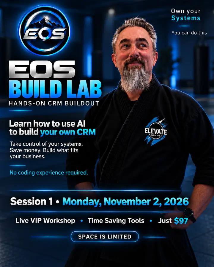 EOS Build Lab Session 1 poster: Hands-on CRM buildout, Monday November 2, 2026, no coding experience required, $97 VIP workshop.
