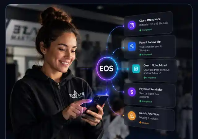Martial arts school owner using EOS while AI-powered workflows operate in the background