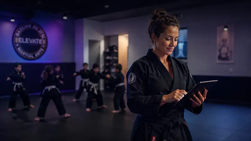 Martial arts instructor using EOS while students train